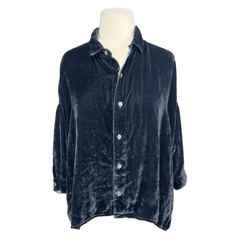 CP Shades Velvet Button Down Shirt Medium Blue Silk Blend 3/4 Sleeve Collared